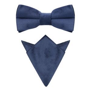 Velvet Adjustable Pre-Tied Bow Tie Solid Color Pocket Square Set Navy Blue